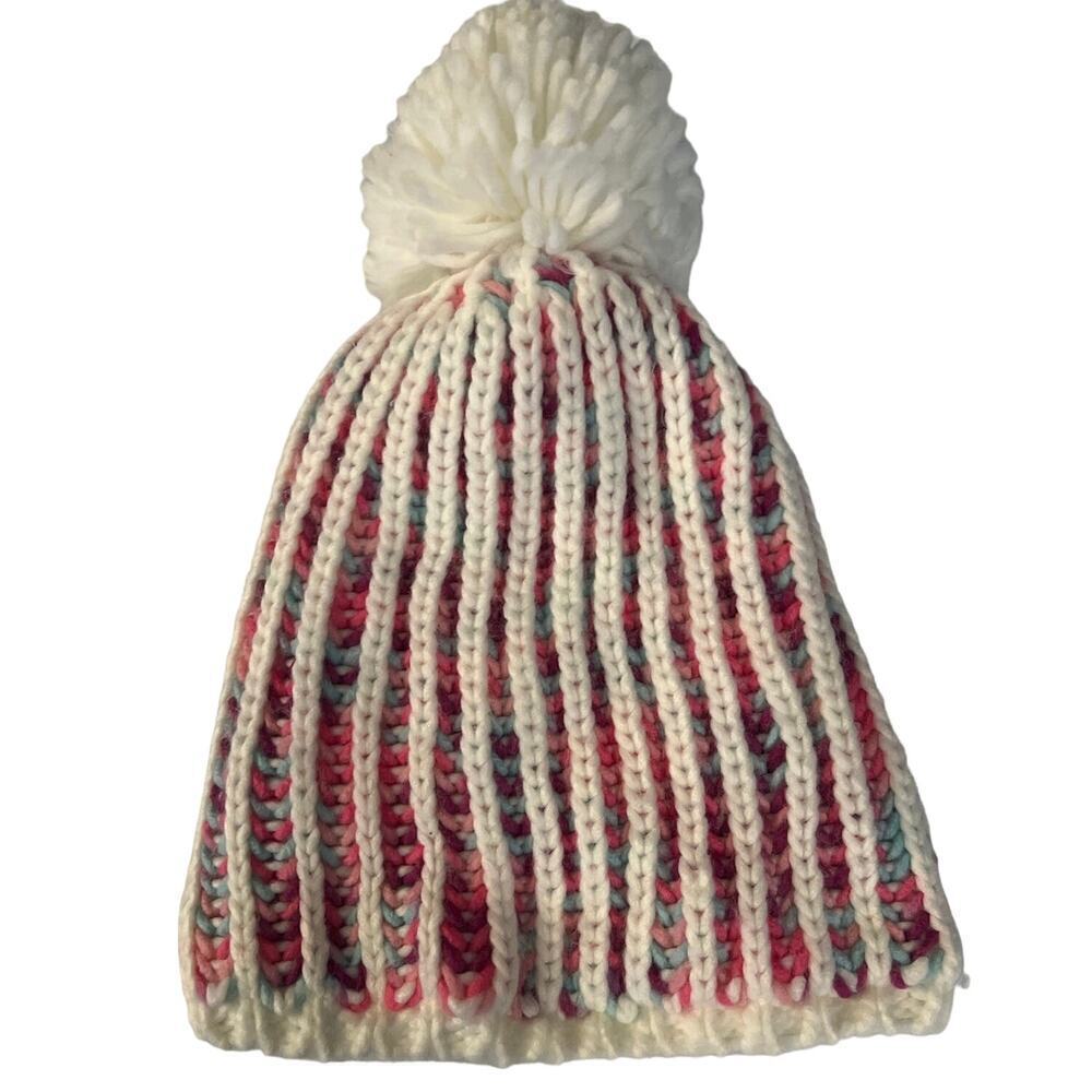 Pink and White Beanie with Puff Ball at the Top